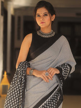 Black & White Handloom Mul Cotton Block Print Saree