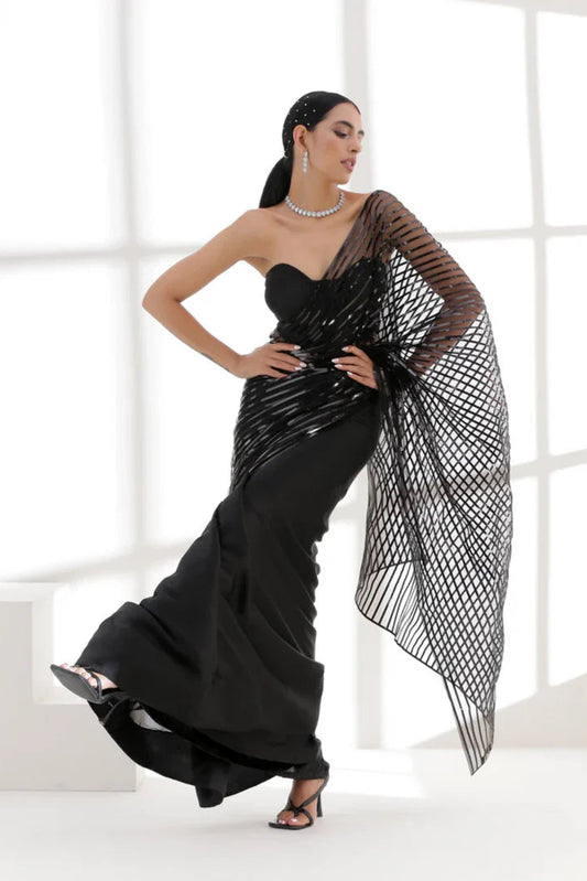 Midnight Black Sheer Striped Designer Saree