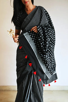Crimson Dot & Stripe Cotton Saree