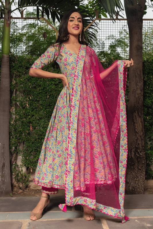 Gulnaar Bloom Cotton Anarkali Set