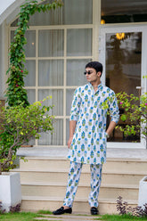 Blue Hand Block Cotton Kurta Pyjama Men