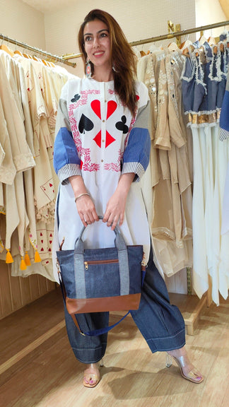 Blue Card Print Coord Set with Handbag