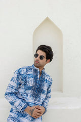 Blue Embroidered Linen Kurta for Men
