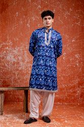 Blue Linen Tie-Dye Men's Kurta with Neck Embroidery