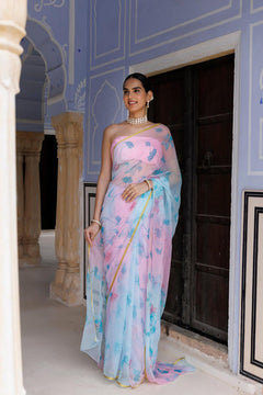 Blue Pink Shaded Hand Painted Floral Chiffon Saree