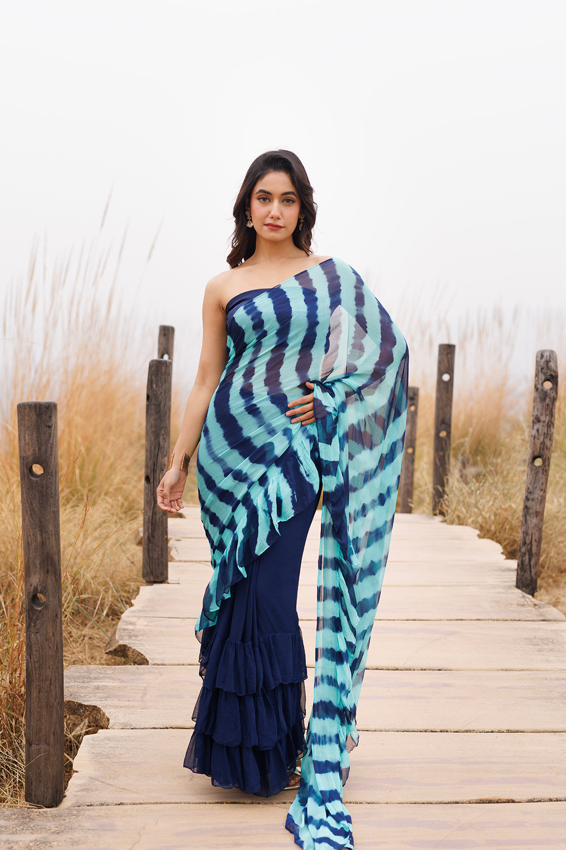 Blue Ruffle Leheriya Chiffon Saree