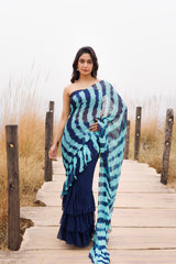 Blue Ruffle Leheriya Chiffon Saree