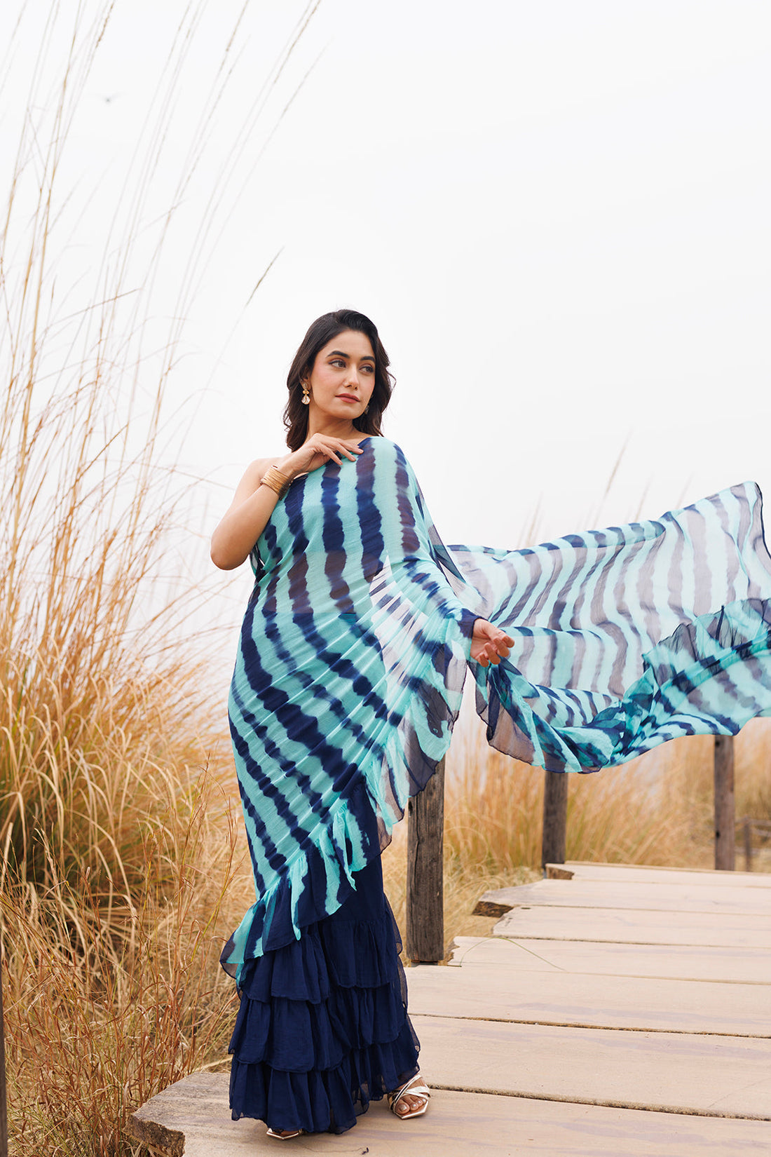 Blue Ruffle Leheriya Chiffon Saree Stitched Leheriya Chiffon Saree
