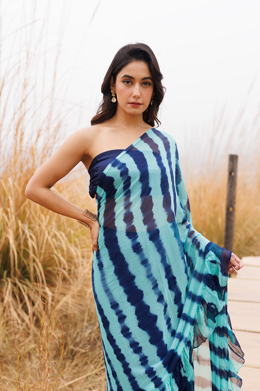 Blue Ruffle Leheriya Chiffon Saree Stitched Leheriya Chiffon Saree