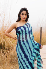 Blue Ruffle Leheriya Chiffon Saree  Stitched Leheriya Chiffon Saree
