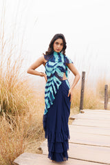 Blue Ruffle Leheriya Chiffon Saree  Stitched Leheriya Chiffon Saree