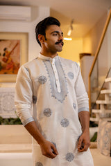 White Kurta with Blue Thread Work