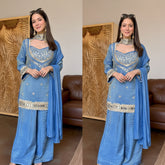 Steel Blue Tissue 4-Piece Bustier Set with Mirror Work & Choker Dupatta