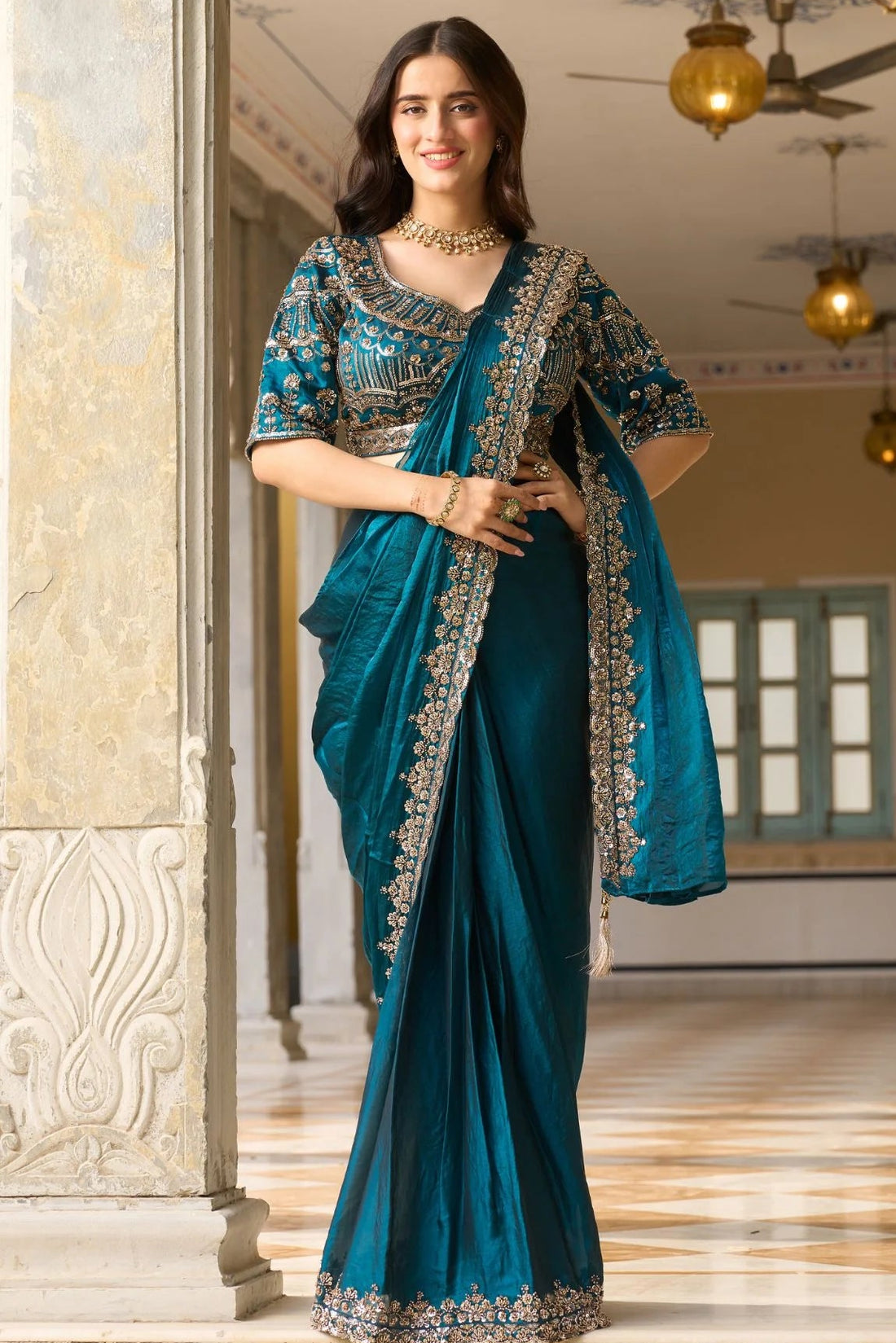 Teal Pre-Draped Saree with Intricate Beads Work Blouse