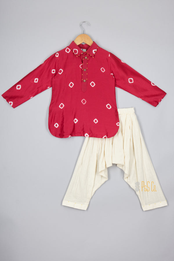 Boys Red Bandhej Kurta and Patiala