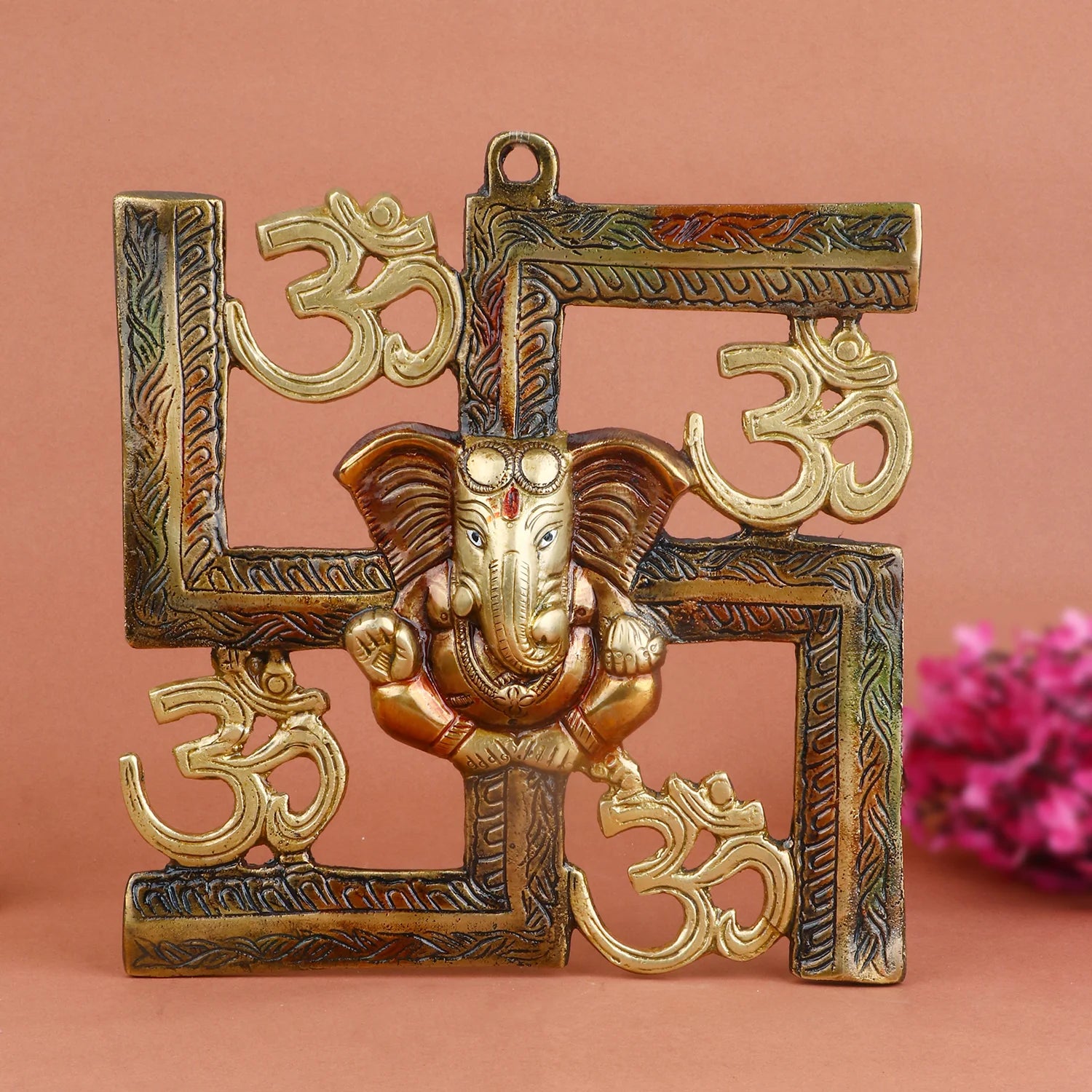 7.6 Inch Alluring Pure Brass Om Swastik Ganesh Wall Hanging