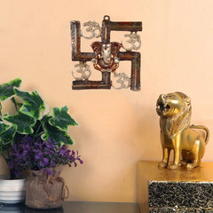 7.6 Inch Alluring Pure Brass Om Swastik Ganesh Wall Hanging