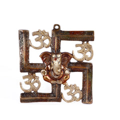 7.6 Inch Alluring Pure Brass Om Swastik Ganesh Wall Hanging