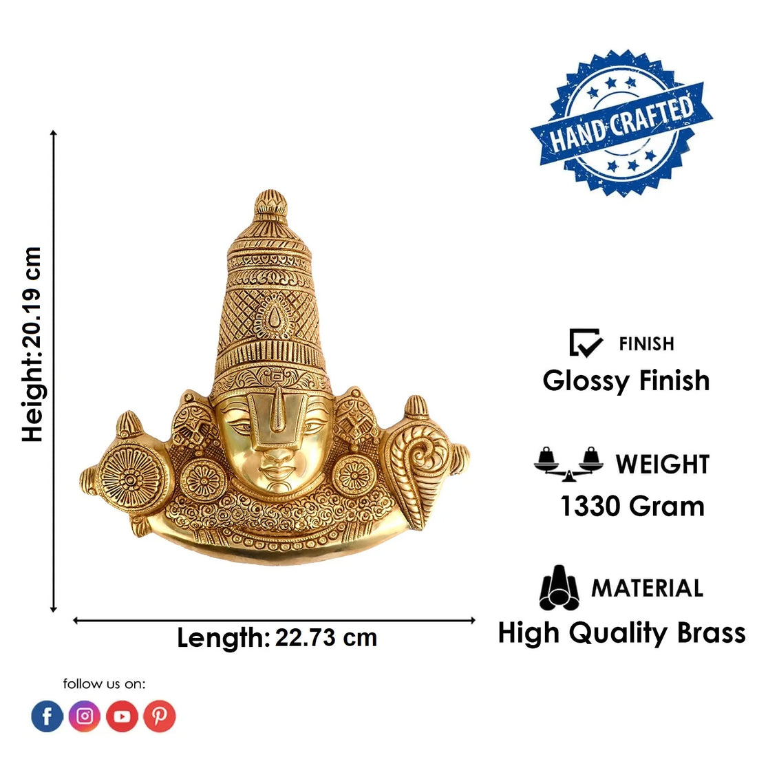 Brass Tirupati Balaji Maharaj Face Wall Hanging Small Murti