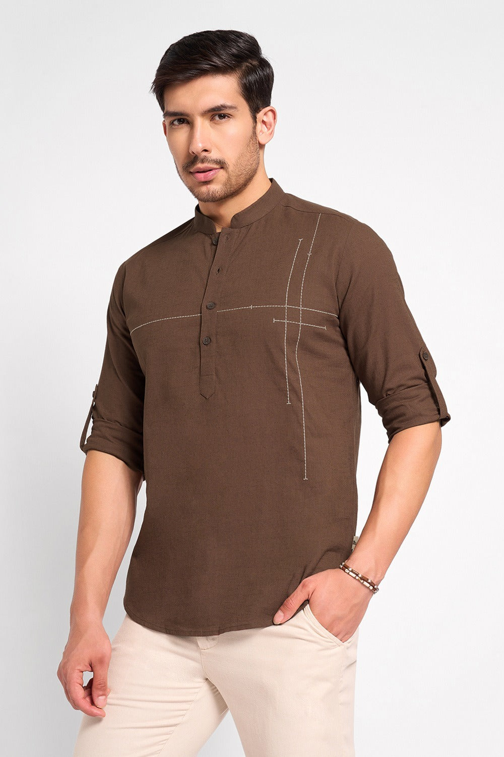Brown Solid Cotton Kurta for Men
