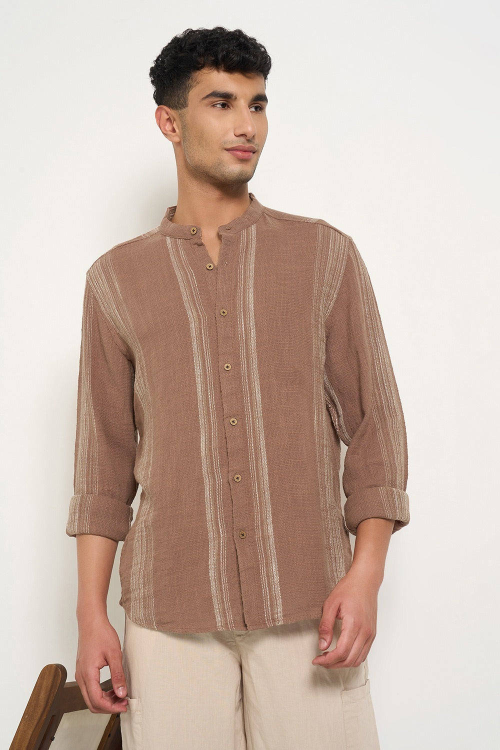 Brown Relaxed Fit Striped Full Sleeve Shirt Men