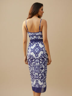 Azure Mosaic Tie-Waist Wrap Midi Dress for Women