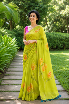 Sunshine Yellow Hand-Painted Tulip Mul Cotton Saree