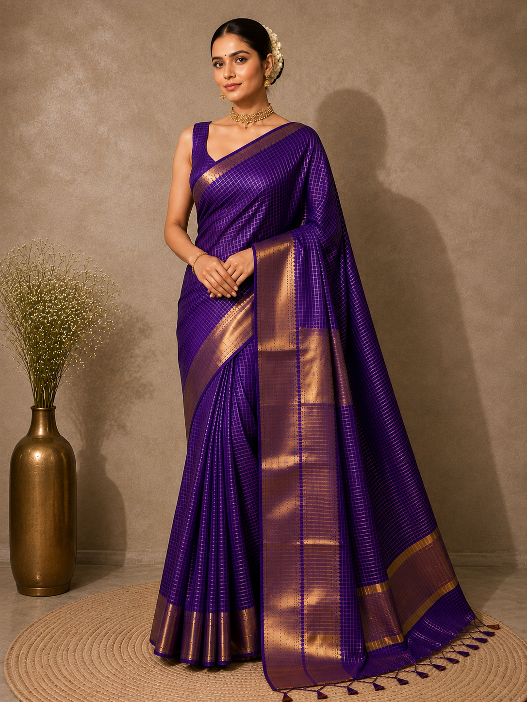 Royal Purple Semi Banarasi Check Saree
