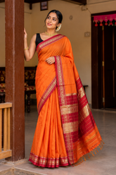 Handloom Cotton Silk Ilkal Saree With Pure Resham Pallu - Orange and Red Border