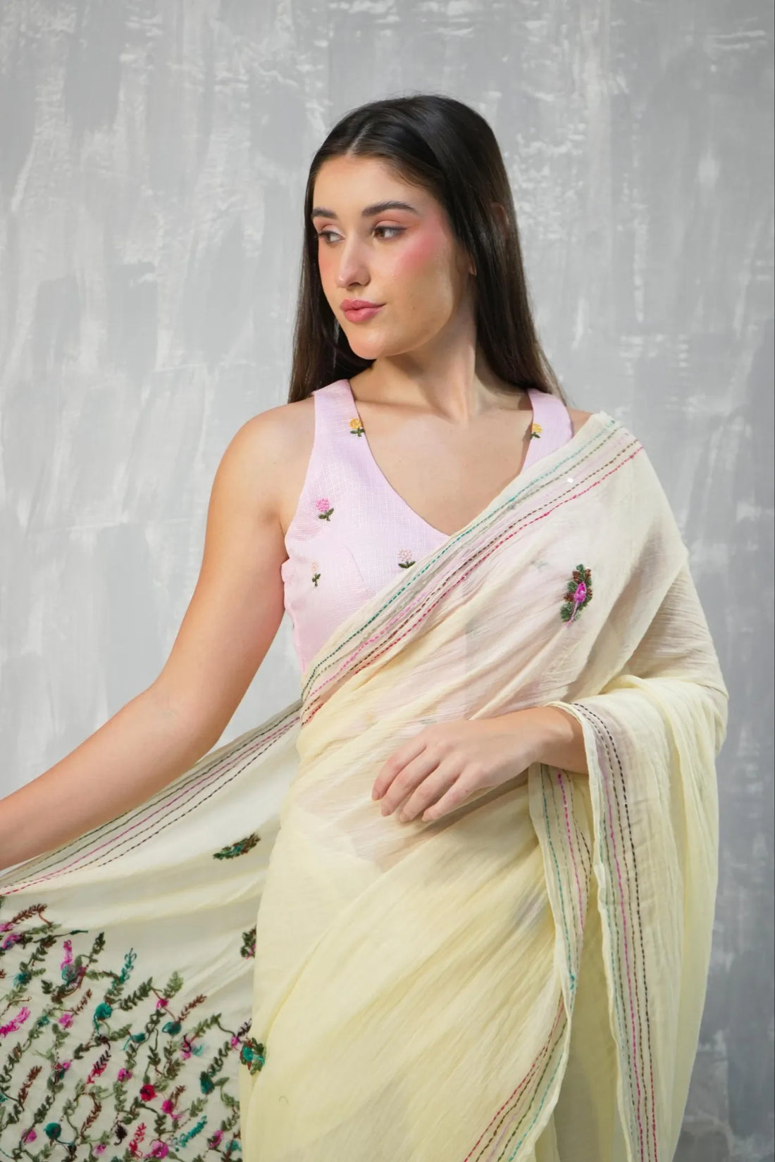 Cream Pure Mul Cotton Kantha Embroidered Saree