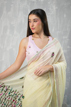 Cream Pure Mul Cotton Kantha Embroidered Saree