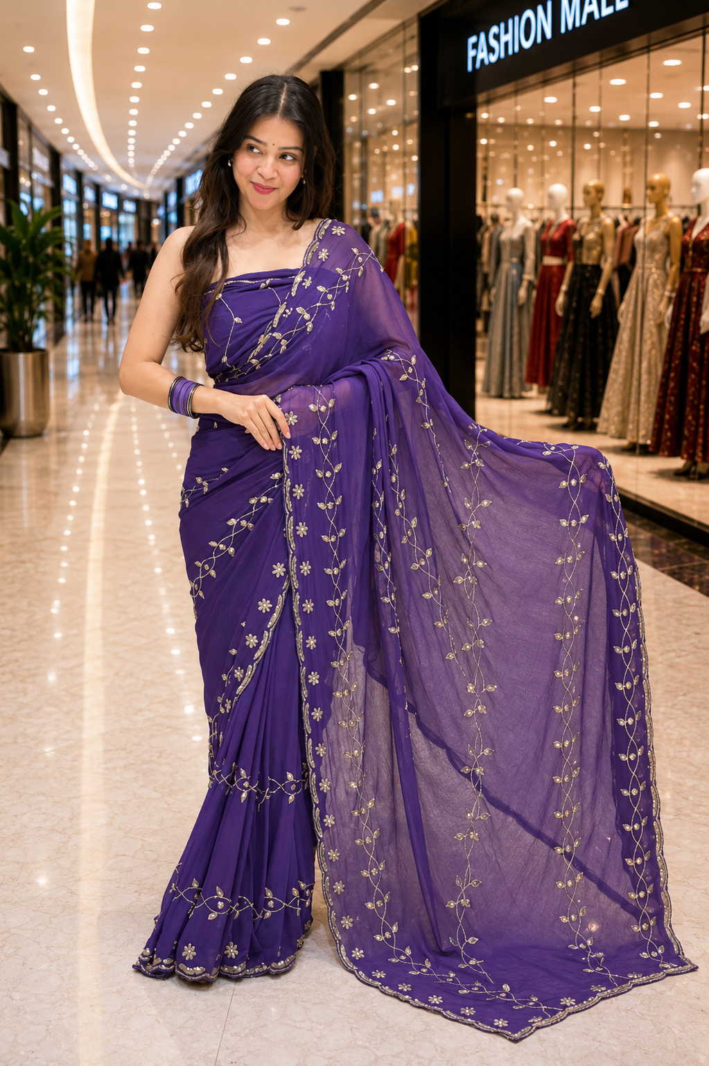 Royal Purple Pure Chiffon Floral Handwork Saree