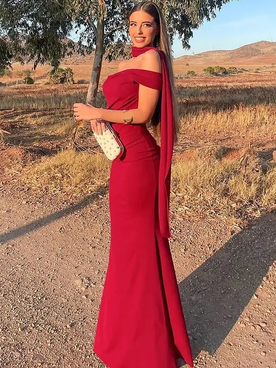 Red Flat Jersey Scarf Maxi Dress