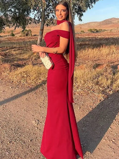 Red Flat Jersey Scarf Maxi Dress