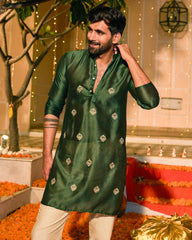 Chanderi Dark Green Embroidered Kurta