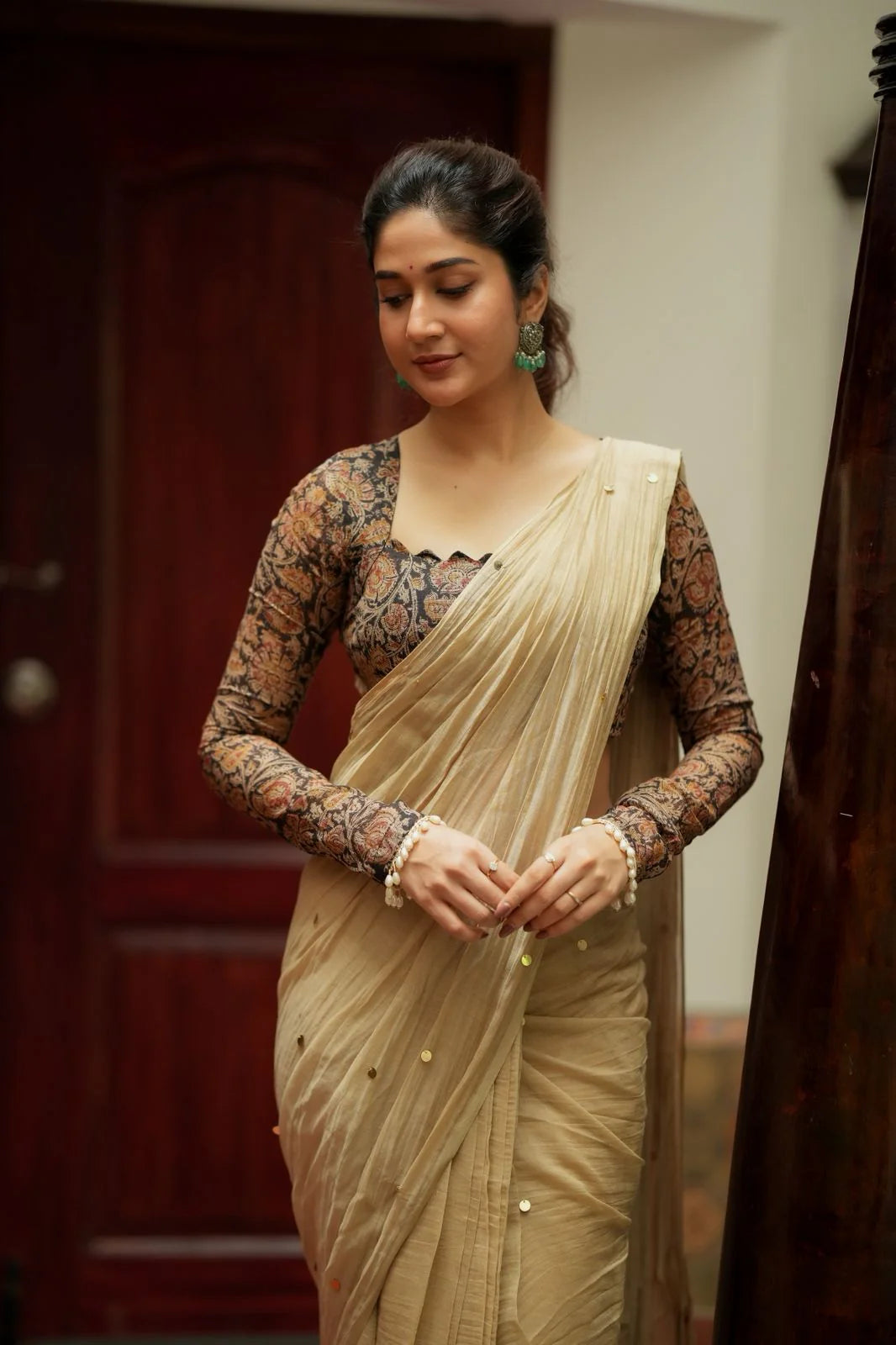 Golden Chanderi Designer Saree with Ajrakh Blouse