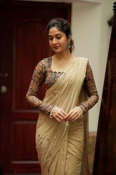 Golden Chanderi Designer Saree with Ajrakh Blouse