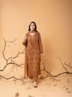 Mocha Blossom Viscose Georgette Straight Chikankari Kurta Set