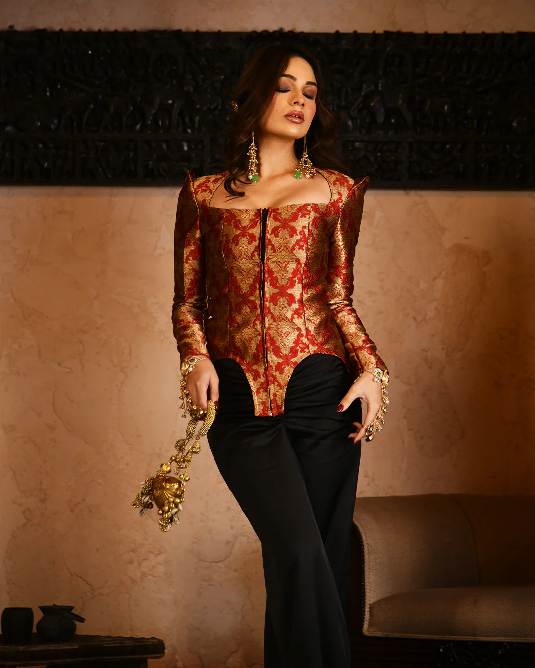 Indo Western - Black Draped Corset with Regal Brocade Corset Top