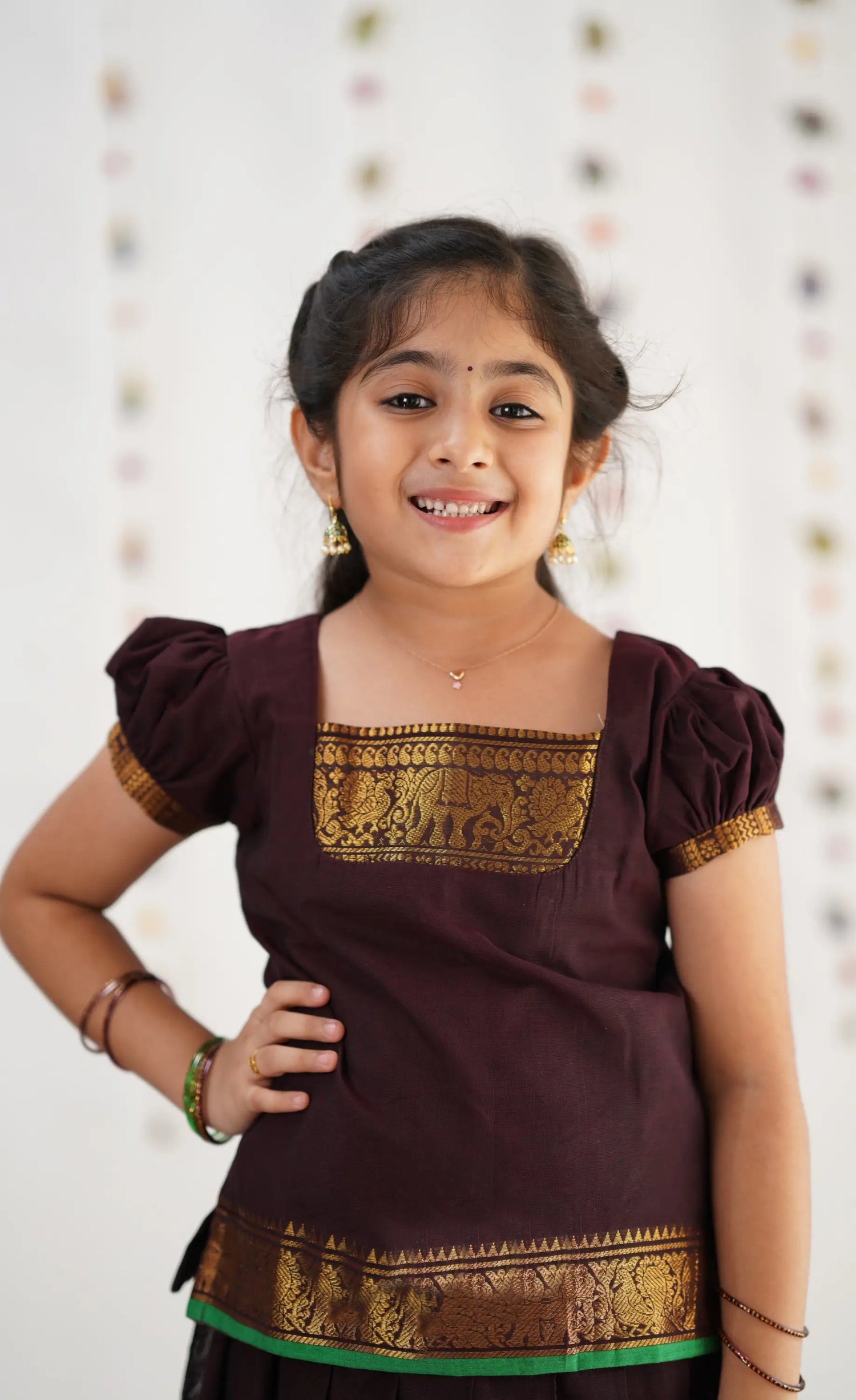 Cotton Pavadai Sattai - Dark Brown & Green