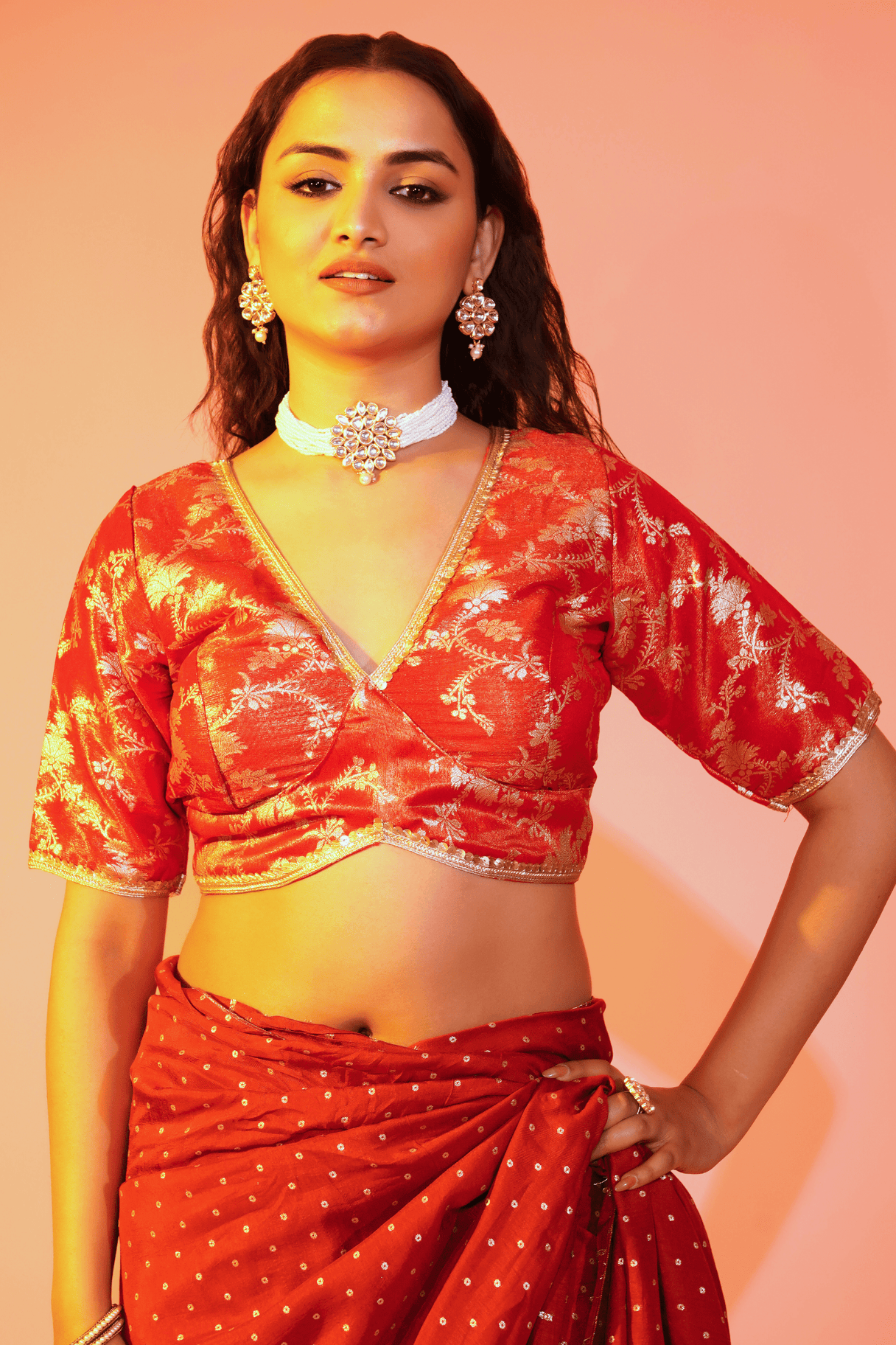 Crimson Brocade Rust Slk Blouse With Sleeves