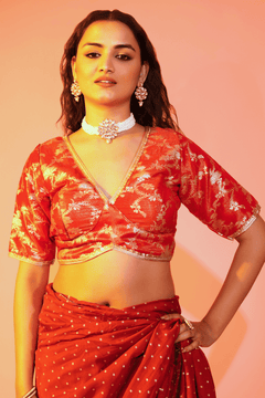 Crimson Brocade Rust Slk Blouse With Sleeves