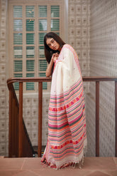White and Pink Handwoven Saree Online