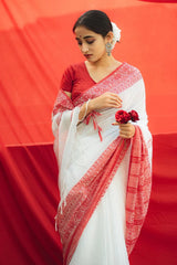 White and Red Saree for Pooja
