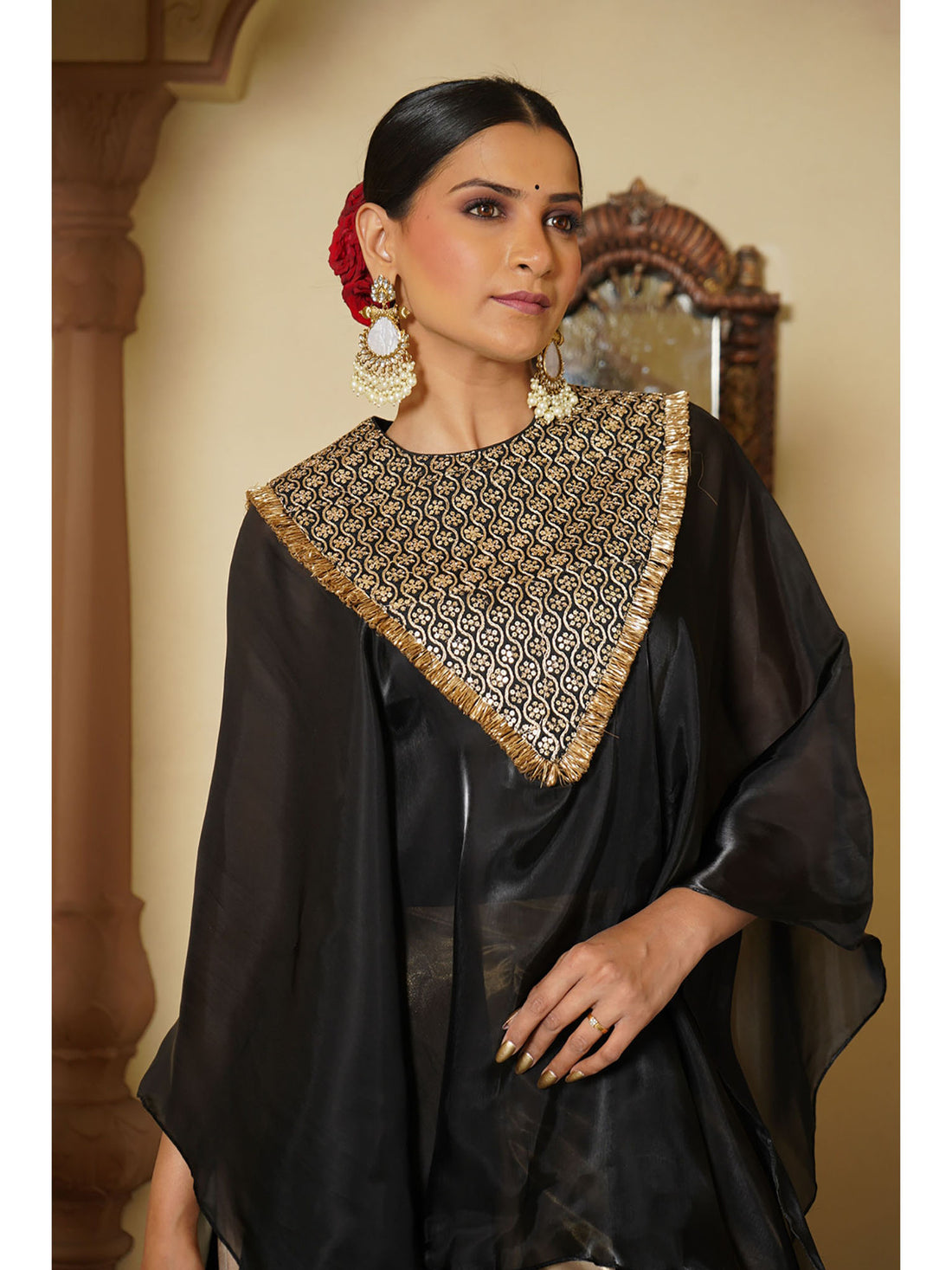 Noir Embroidered Kaftan & Satin Palazzo Ensemble