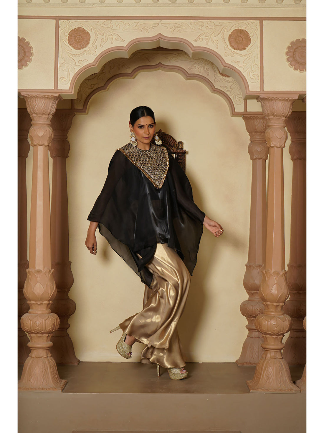Noir Embroidered Kaftan & Satin Palazzo Ensemble