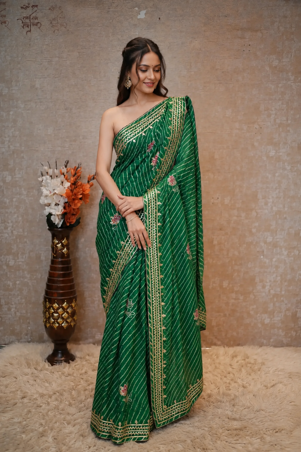 Rani Pink Leheriya Saree with Handcrafted Kacchi Gota Patti Work