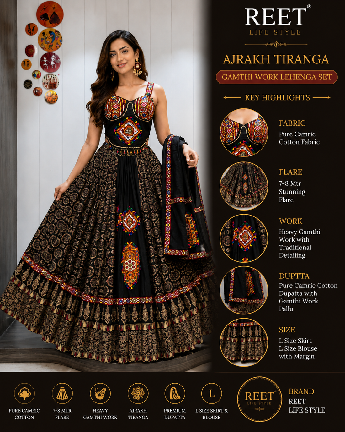 Ajrakh Tiranga Pure Camric Cotton Gamthi Work Lehenga