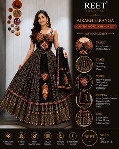 Ajrakh Tiranga Pure Camric Cotton Gamthi Work Lehenga