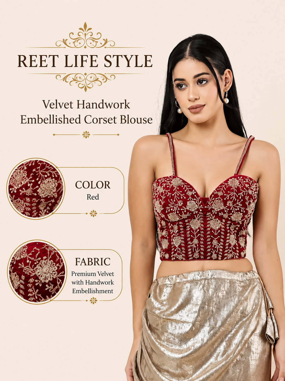 Velvet Handwork Embellished Corset Blouse